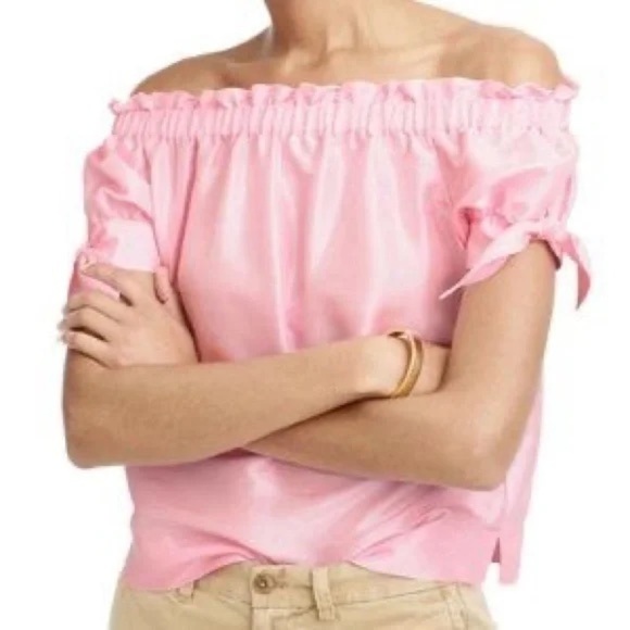 J. CREW Off Shoulder Tie Sleeve Pink Silk Top Size 6 GUC - Picture 1 of 5